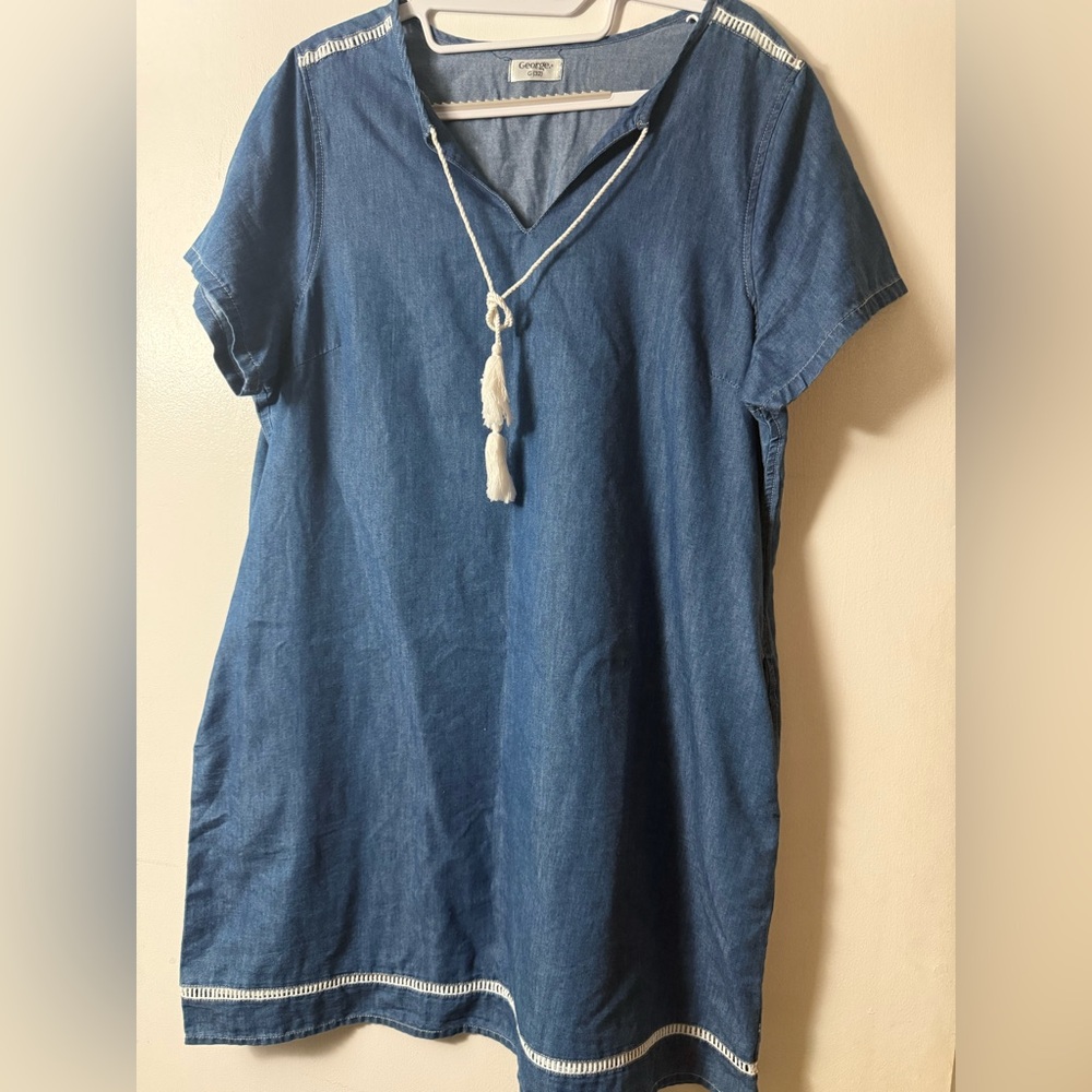 George (UK Brand) Demin Cotton-Chambray Shift Dress with Embroidered Detailing